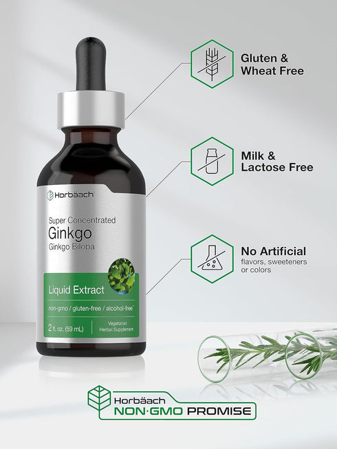 Horbaach Ginkgo Biloba Extract Liquid 2 fl oz, Alcohol-Free Herb Supplement, Vegetarian and Non-GMO