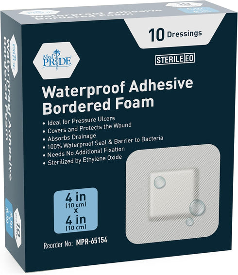 MED PRIDE Sterile Waterproof Silicone Foam Dressing with Adhesive Border, Absorbent Bandage (4x4 Inch, Pack of 10)