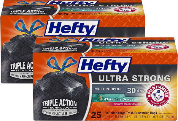 Hefty Ultra Strong 30 Gallon Trash Bags, Black Drawstring Bags, White Pine Breeze Scent, 25 CT Bags (Pack of 2)