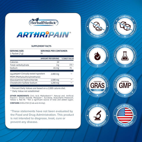 Arthripain – One a Day Cartilage Repair Supplement – Clinically Tested Joint Juice for Joint Relief Support – Glucosamine Chondroitin MSM – Swollen Knee Treatment – Sugar-Free – Made in USA - 15 Pkt