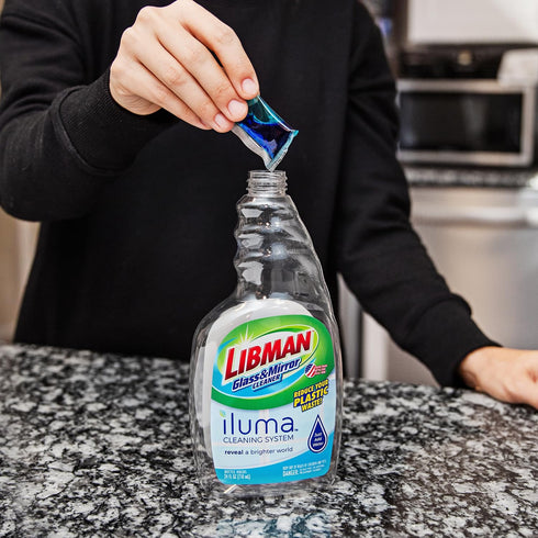 Libman Iluma Glass & Mirror Cleaner, 24 fl oz Refillable Bottle with 5 Total Concentrated Dissolvable Pods