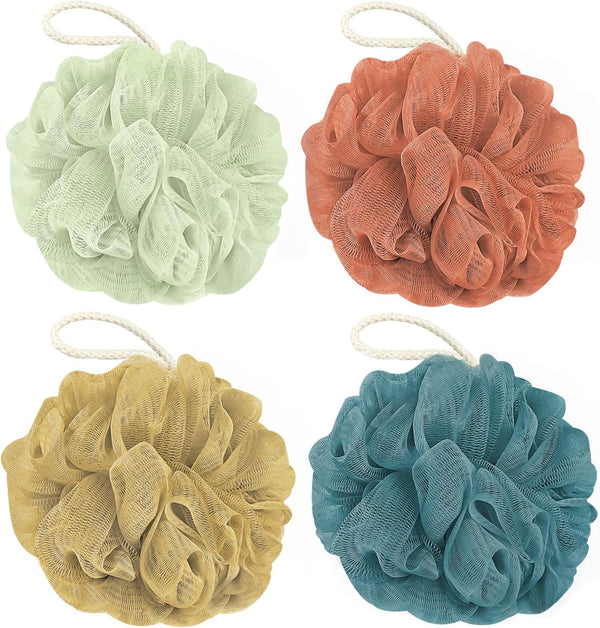 Shower Loofah Bath Sponge, 60G Exfoliating Body Scrubber, 4 Color Mesh Shower Pouf Balls for Body Wash (Caramel Coffee)
