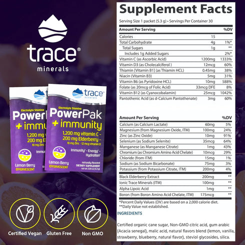 Trace Minerals Power Pak Electrolyte + Immunity Boost Drink Packets - 30 Packets with 1200 mg Vitamin C, Elderberry,