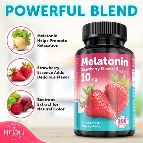 NGU Next Gen U 10 200 Melatonin Tablets - mg Dietary Supplement - Strawberry Flavored - Vegan Tablets - by NextGenU