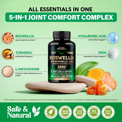 Boswellia Extract Capsules 1200mg - Joint Comfort & Health Support with Turmeric, Hyaluronic Acid, MSM & L-Methionine