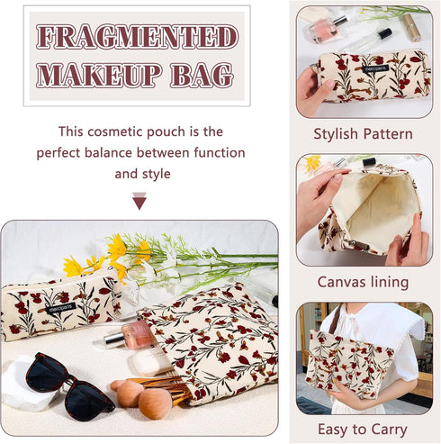 2Pcs Cute Floral Makeup Bag Set, Large Small Zipper Makeup Pouch for Women Girls, Aesthetic Portable Toiletry Bag (Red
