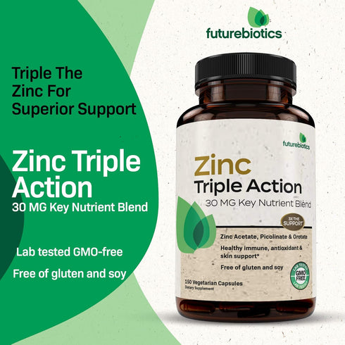 Futurebiotics Zinc Supplement 30mg Triple Action Blend - 150 Vegetarian Capsules for Immune & Skin Health