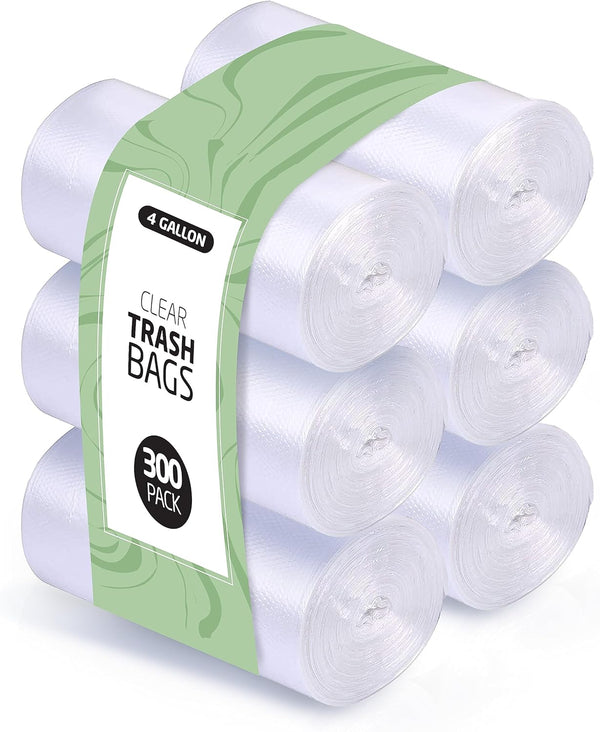 4 Gallon Trash Bags - 300 Small Mini Garbage Bags | 17" x 18" Clear Waste Basket Liners for Bathroom Trash Can