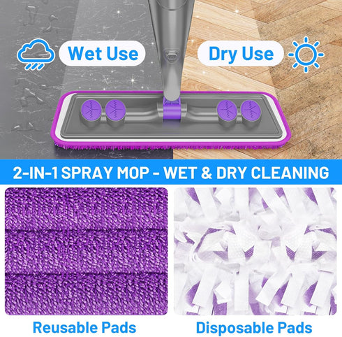 IOPRETTY 2 2 Spray Mops for Floor Cleaning - Wet Dry Mops with Washable + Disposable Pads for Swiffer Powermop