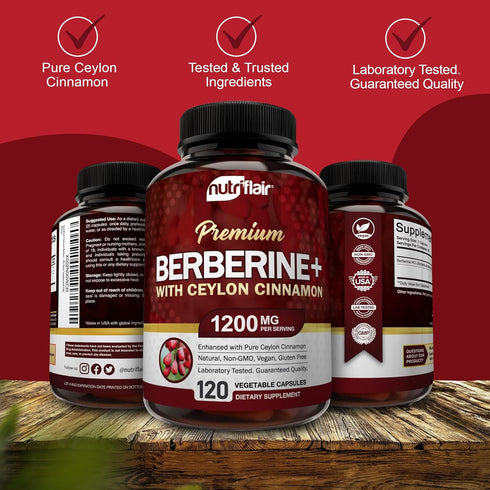 NutriFlair Premium Berberine HCL 1200mg - 120 Capsules with Pure True Ceylon Cinnamon for Immune System & Healthy