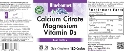 Bluebonnet Nutrition Calcium Citrate Magnesium Plus Vitamin D3 Caplets, Bone Health, 180 Count