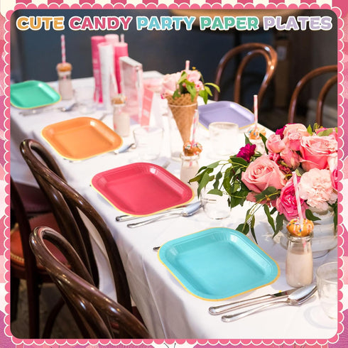 Tiangrid 120 7 Inch 6 Pcs Colorful Paper Plates Rainbow Candy Color Disposable Square Dessert Party Plates with Gold