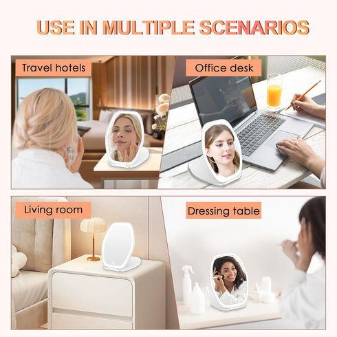 Travel Makeup Mirror with Light, 3 Color Lighting Portable Mirror, Touch Screen Rechargeable LED Lights Vanity - White