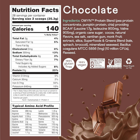 OWYN Only What You Need Vegan Protein Powder, Chocolate, 2.2 LB, 20g Plant Based Protein, Superfoods