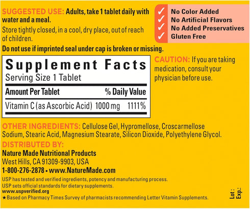Nature Made Extra Strength Vitamin C, 1000 mg, 100 Tablets, Dietary Supplement for Immune Support, 100 Day Supply