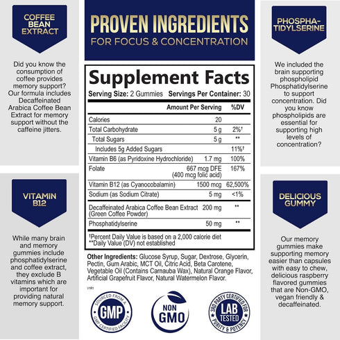 Brain Supplement for Memory & Focus, Nootropics for Concentration, Mental & Cognitive Support, Brain Vitamins with B6, B12, Phosphatidylserine, Energy Support Brain Memory Gummies - 60 Gummies