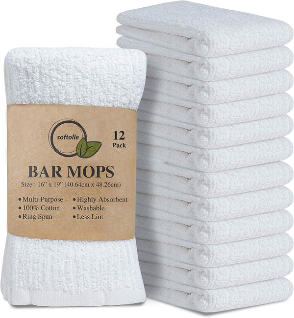 Softolle Kitchen Towels - Pack of 12 Bar Mop Towels, 100% Cotton, 16x19 Inches, Super Absorbent for Home Cleaning