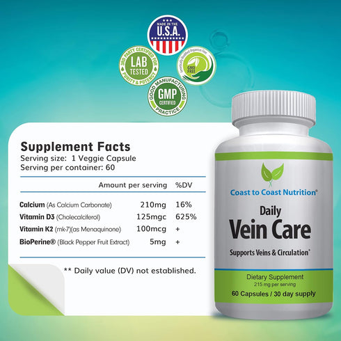 Daily Vein Care Supplement Capsules, Circulation Formula with Calcium, Vitamin D3, K2, BioPerine, 60 Capsules