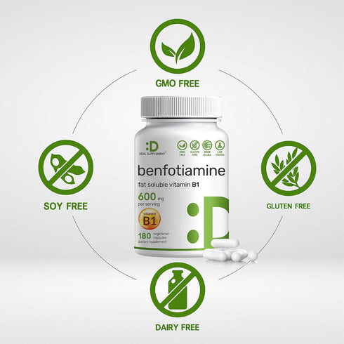 Benfotiamine 600mg, 180 Veggie Capsules (300mg Per Cap) – Vegan, Non-GMO, Gluten Free Thiamine Supplement