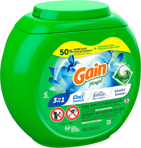 Gain Flings Laundry Detergent Soap Pacs, HE Compatible, 42 Count, Long Lasting Blissful Breeze Scent