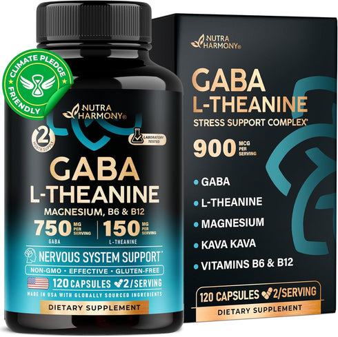 GABA L-Theanine 900 mg, Made in USA, Magnesium, Vitamin B6, Calm, Sleep, Relaxation & Mood Support, 120 Capsules