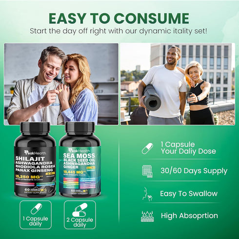 Woman,2 Rhodiola,19,445mg Immune 60 Peakhealth Shilajit Sea Moss Black Seed Oil Ashwagandha Capsules for Man Bottle
