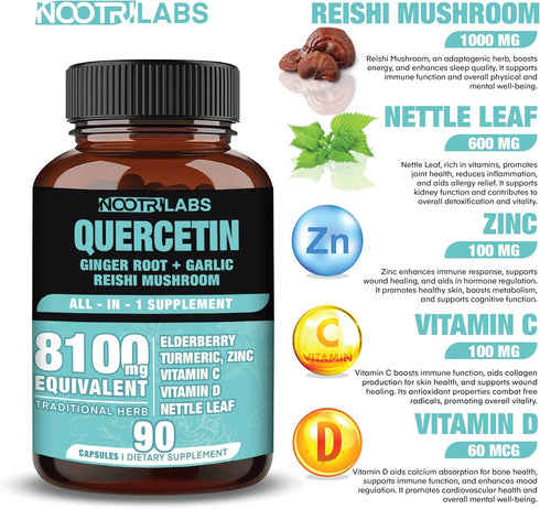All-in-1 8100mg Highest Potency Quercetin, Elderberry, Turmeric, Vitamin C, D, Ginger Root, Zinc - Immune Health Support