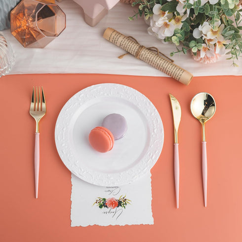 90pcs Gold Plastic Silverware with Pink Handle, Elegant Disposable Cutlery for Wedding, Party, Daily Use