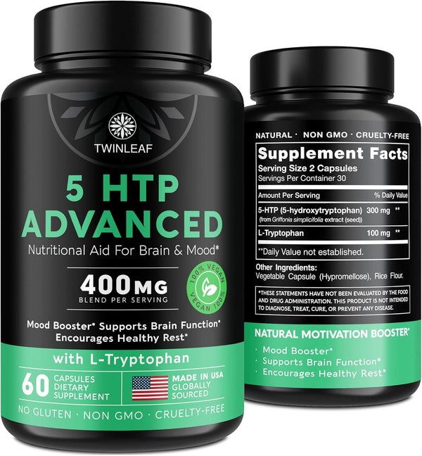 5 HTP Supplement for Mood Support - Made in USA - Natural 5-HTP & L-Tryptophan Capsules for Relaxation, 60 Vegan