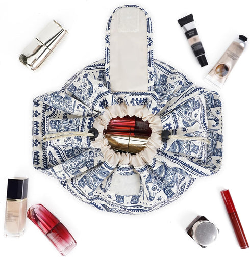Large Barrel Drawstring Makeup Bag, Cosmetic Organizer for Women (Elephant) (Patent Pending)