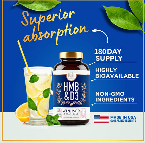 HMB and Vitamin D3 Supplement - Muscle Growth, Strength, Performance Support - 180 Days, 360 HMB Capsules
