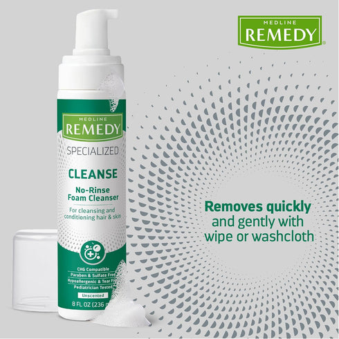 Medline Remedy No-Rinse Foam Cleanser, Gentle Skincare Solution, 8 oz Bottle
