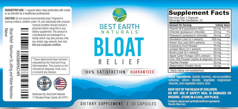 Bloat Relief Water Supplement, Best Earth Naturals, with Dandelion, Green Tea, Cranberry, Apple Cider Vinegar & More,