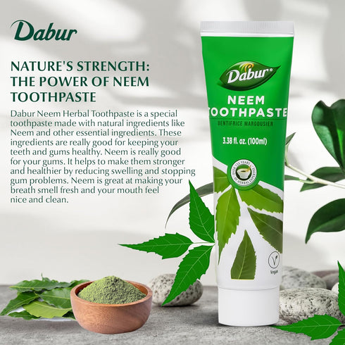 Dabur Herbal Toothpaste - Oral Care with All Natural, Fluoride-Free Formula & Healthy Toothpaste Bliss- Infused Brilliance for a Naturally Fresh Breath - Ignite Your Smile's Radiance Naturally - Neem
