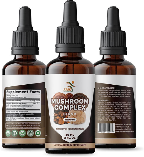 Immune 2 oz Mushroom Complex Supplement Drops Tincture, Lion's Mane, Reishi, Turkey Tail, Chaga, for System Support