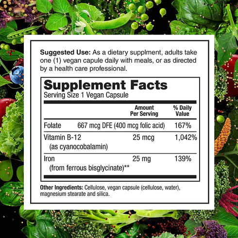 PlantFusion Vegan Iron Supplements, 25mg Plant Based Iron for Women and Men, 90 Veggie Capsules