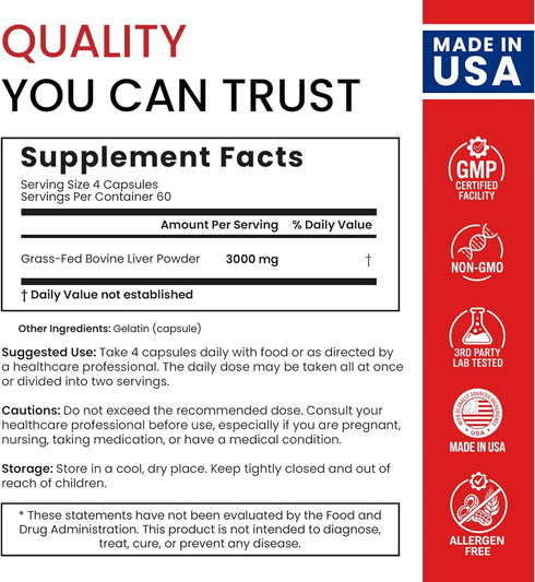Pack) 30+ B12, Immunity, 100% Beef Liver Capsules USA-Made (Value Whole Food Source of Bioavailable Nutrients: Vitamin