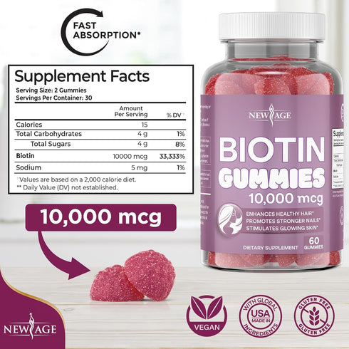 NEW AGE Biotin Gummies for Hair, Skin & Nails, 10,000 mcg, Non-GMO Supplement for Women and Men, 120 Count