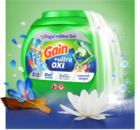 Gain flings Ultra Oxi Laundry Detergent Pacs, 3-in-1 HE Compatible, Waterfall Delight Scent, 76 Count