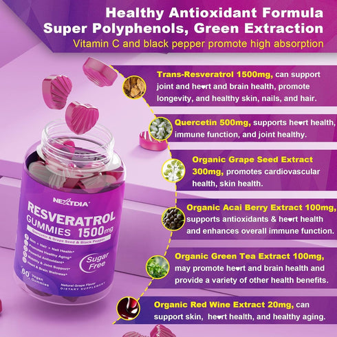 Resveratrol Gummies 1500mg - Sugar Free Supplement with Quercetin, Grape Seed, Acai Berries Extracts for Antioxidant,