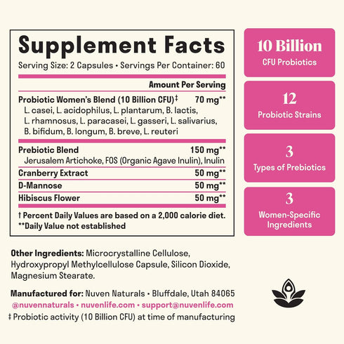 Womens Probiotic - 60 Day Supply - 12 Probiotic Strains, D Mannose, Cranberry for Digestive Health, Vaginal Health, & Immune Support - Prebiotics and Probiotics for Women