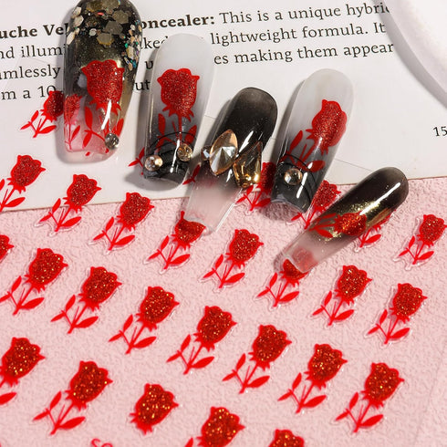 Rose Nail Stickers 8 Sheets Glitter Shiny Black Red Blue Pink Flower Design Self-Adhesive Nail Decoration