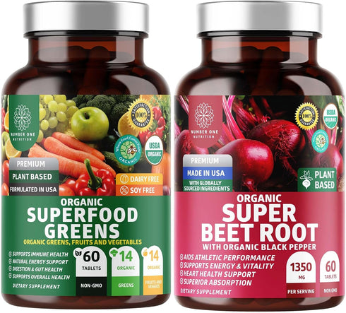 Number One Nutrition N1N Premium Organic Superfood Greens and Beet Root Tablets, 120 Tablets