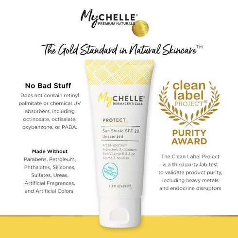 MyCHELLE Dermaceuticals Sun Shield SPF 28 Unscented, 2.3 Fl Oz, Soothing Reef Safe Sunscreen
