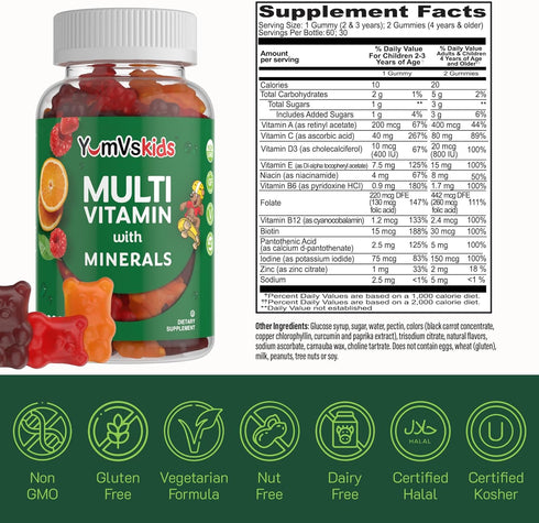 YumVs Kids Multivitamin Gummies - 120 Count, Fruit Flavored Chewable Children's Multivitamin with 12 Minerals &