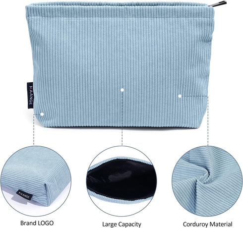 MAANGE Cosmetic Bags for Women, Small Makeup Bag for Purse, Blue Corduroy Makeup Pouch with Metal Zipper for Travel