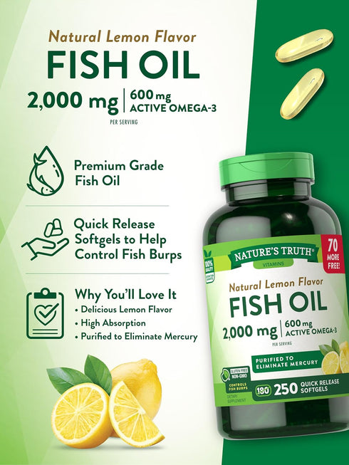 Nature's Truth Burpless Fish Oil Pills 2000 mg | 600 mg Omega 3 | 250 Softgels | Gluten Free, Non-GMO Natural Lemon