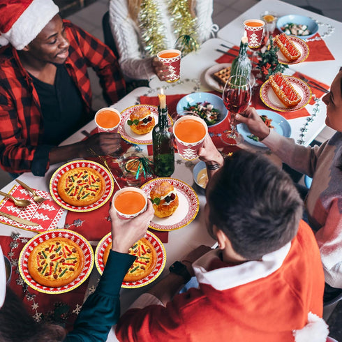 200 Pcs Christmas Dinnerware Set for 25 Guests, Red and White Paper Plates, Napkins, Gold Tableware Kits, Cups, Forks,