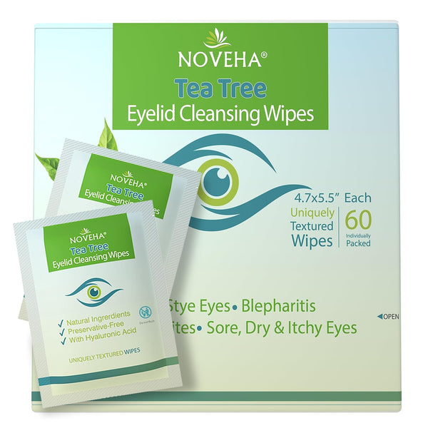 NOVEHA 60PCs Tea Tree Oil Eyelid & Lash Wipes, Hyaluronic Acid, Green Tea & Chamomile, Natural Makeup Remover