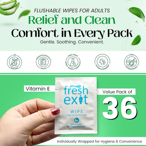 Flushable Wipes for Adults – 36 Individually Wrapped Biodegradable Wet Wipes, Travel Size, Hypoallergenic